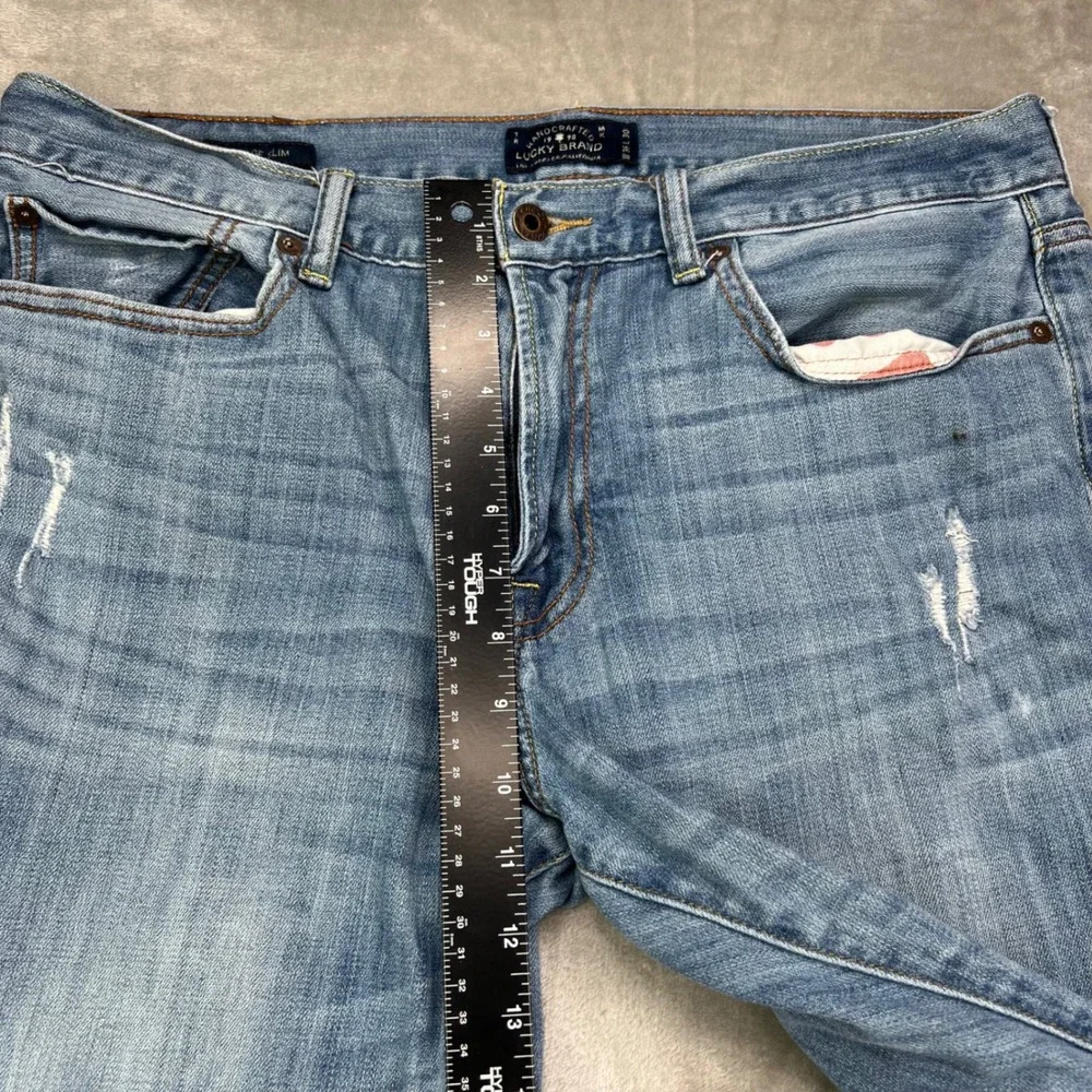 Lucky Brand 121 Heritage Slim Jeans Mens 36x30 Light Wash Blue Distressed Denim‎